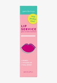 Patchology Lip Service gloss-til-balm behandlingens emballage, der viser en lyserød kasse med en teal top, grafiske lilla læber og produktdetaljer.