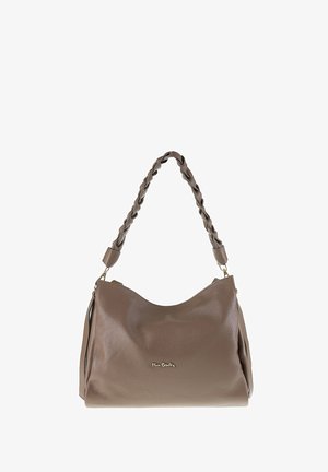 Borsa a spalla in pelle marrone con texture, dotata di tracolla intrecciata e dettaglio in metallo dorato con logo sulla parte frontale.