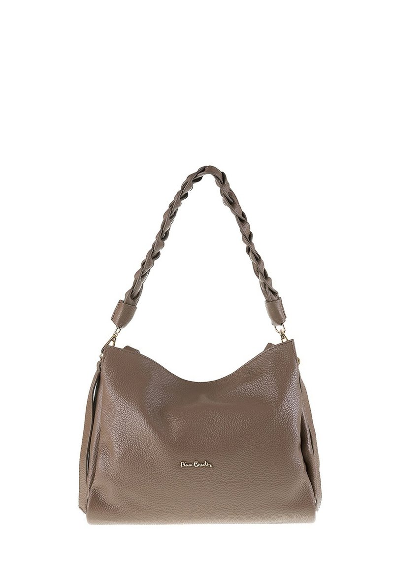 Borsa a spalla in pelle marrone con texture, dotata di tracolla intrecciata e dettaglio in metallo dorato con logo sulla parte frontale.