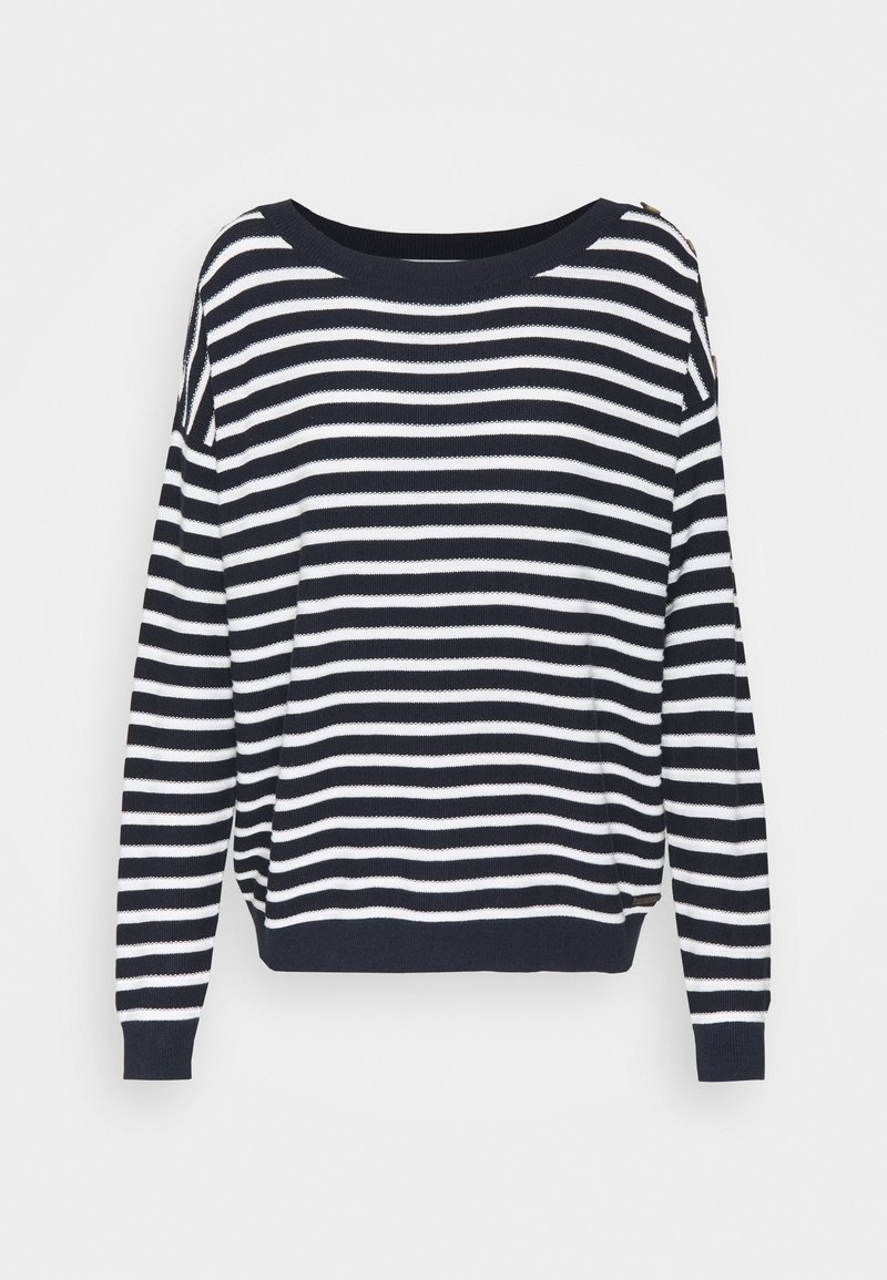 Pull à manches longues à rayures horizontales bleu marine et blanc, avec un col rond et des boutons sur une épaule.