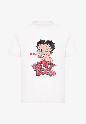 White short-sleeve t-shirt featuring a cartoon graphic of Betty Boop, with red hearts and bold, pink lettering spelling "BETTY BOOP."