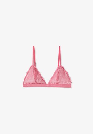 Bralette rosa de encaje con tirantes ajustables y bordes ondulados, con una banda elástica con marca en la parte inferior.