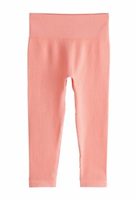 Leggings rosa chiaro a costine con una fascia elastica larga in vita, stile aderente e bordi senza cuciture alle caviglie. Tessuto morbido, adatto per uso casual.