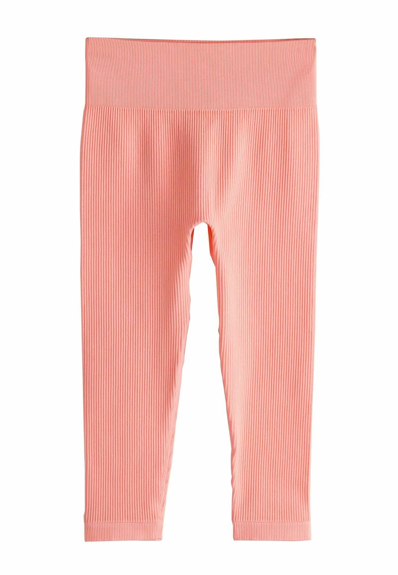 Leggings rosa chiaro a costine con una fascia elastica larga in vita, stile aderente e bordi senza cuciture alle caviglie. Tessuto morbido, adatto per uso casual.