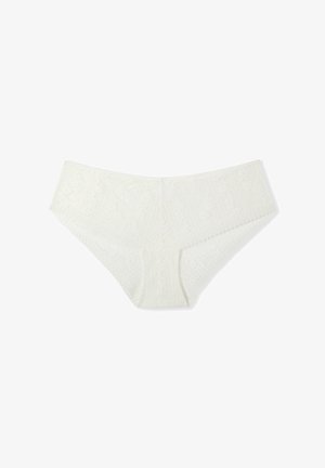 White lace brief with a patterned texture and a seamless design. Features a wide waistband and intricate detailing along the edges.