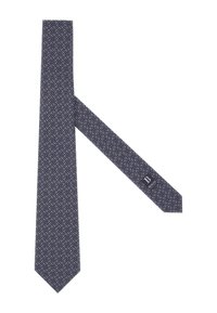 Cravatta blu navy con motivo astratto bianco e rosso, realizzata in tessuto liscio. Presenta una punta appuntita e un'etichetta con logo sul retro.