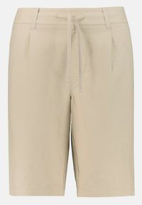 Beige kraťasy s elastickým pasem na šnůrku, se dvěma předními záhyby a rovnými nohavicemi. Vyrobené z lehké tkaniny s hladkým povrchem.
