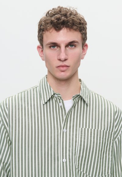 Young man with curly brown hair wearing a green and white vertical striped button-up shirt over a white t-shirt against a plain background.