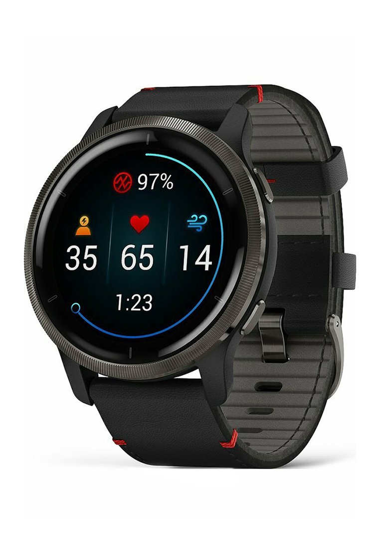 Schwarze Smartwatch mit rundem AMOLED-Display, metallischem Rahmen, Silikonarmband mit roten Akzenten und Gesundheitsüberwachungsoberfläche.