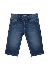 Bermuda en denim de couleur bleu foncé avec une texture délavée, cinq poches et un bouton de fermeture. Logo s.Oliver sur la ceinture.