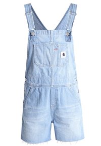 Lichtblauwe denim salopettes, korte lengte. Voorzien van verstelbare banden, een voorkantzak met logo en een rafelige zoom. Gemaakt van zachte, duurzame stof.