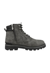 Botas de tobillo grises hechas de un material liso y texturizado. Cuentan con una cremallera lateral, cordones en la parte delantera y una suela de goma resistente con tracción.
