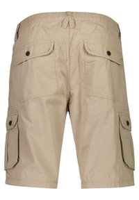 Pantaloni cargo beige con cintura elastica, tasche laterali e due tasche posteriori con chiusura a bottone. Tessuto leggero con una texture liscia.