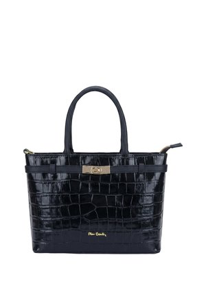 Borsa a mano in pelle verniciata nera con texture coccodrillo, doppi manici, chiusura dorata e cerniera superiore, con piccolo logo dorato.