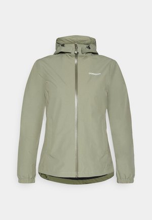 Giacca impermeabile verde chiaro con chiusura a zip, cappuccio regolabile, polsini elasticizzati e orlo leggermente curvo. Presenta un logo sul petto.