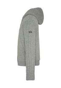Szara dzianinowa bluza z kapturem z prążkowanymi rękawami i korpusem. Posiada naszywkę z logo na ramieniu oraz miękką fakturę. Zaprojektowana do codziennego noszenia.