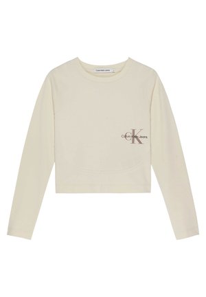 Kremowa, długorękawowa, krótka bluza ze ściągaczem, z okrągłym dekoltem i małym brązowym logo "Calvin Klein Jeans" na lewej piersi.