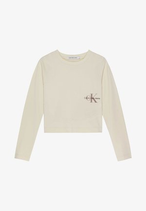 Kremowa, długorękawowa, krótka bluza ze ściągaczem, z okrągłym dekoltem i małym brązowym logo "Calvin Klein Jeans" na lewej piersi.