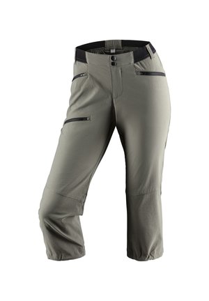Light gray pants with a fitted waist, dual zippered front pockets, and elastic cuffs. Made from durable, smooth fabric with a matte finish.