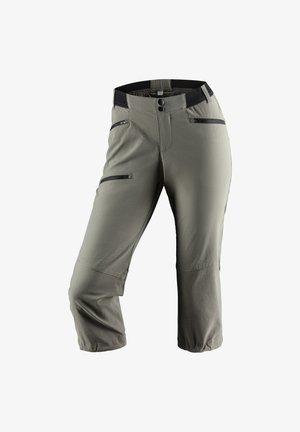 Light gray pants with a fitted waist, dual zippered front pockets, and elastic cuffs. Made from durable, smooth fabric with a matte finish.