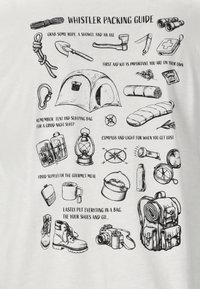 Valkoinen t-paita, jossa on mustia kuvastoja retkeilyvarusteista, kuten teltta, taskulamppu, kompassi ja vaelluskengät pakkausohjeiden tekstin kera.