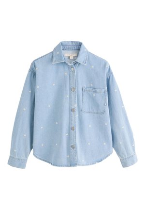 Light blue denim button-up shirt with long sleeves, collar, single chest pocket, and small white embroidered flowers scattered across fabric.