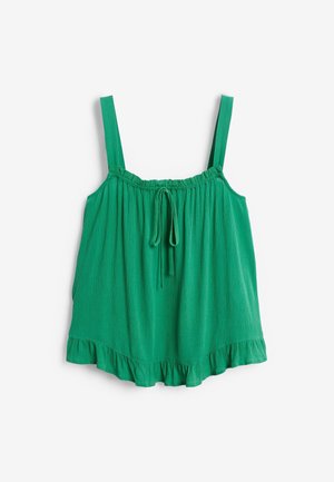 Grünes ärmelloses Damenoberteil mit gerafftem Saum, verstellbarer Kordel am Ausschnitt und breiten Schulterträgern vor weißem Hintergrund.