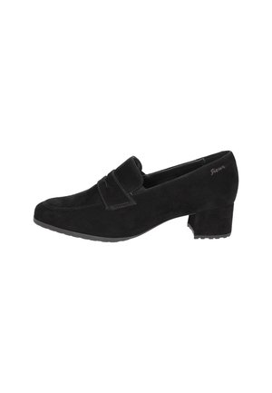 Zwarte suède damessloafers met lage blokhak en een bandje aan de voorkant.