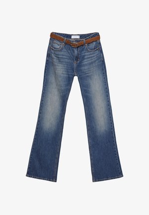 Blue denim jeans with a wide-leg design and a brown leather belt. Features include five pockets and subtle fading along the legs.