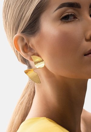 Zbliżenie na kobietę o blond włosach, noszącą duże, teksturowane, złote geometryczne kolczyki oraz żółtą bluzkę, na neutralnym tle.