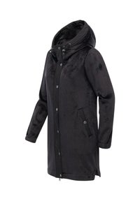 Giacca nera da esterno con una superficie texturizzata, cappuccio, bottoni a pressione e tasche laterali. Realizzata in un tessuto morbido, presenta un design elegante e moderno.