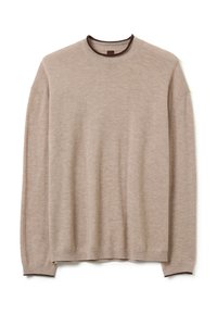Pull en maille beige avec un col ras du cou, des manches longues et une bordure marron foncé au col et aux poignets. Texture douce, design décontracté.