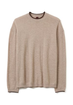 Beige gebreide trui met een ronde hals, lange mouwen en een donkerbruine rand bij de kraag en manchetten. Zachte textuur, casual ontwerp.