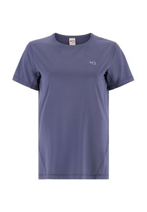 Paarse korte mouw sport-T-shirt met een ronde hals en een klein logo op de linkerborst.