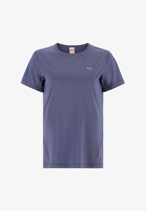 Paarse korte mouw sport-T-shirt met een ronde hals en een klein logo op de linkerborst.