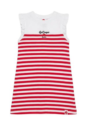 Robe blanche sans manches avec des rayures horizontales rouges, des détails volantés aux épaules, et le texte "Lee Cooper London" sur la poitrine.