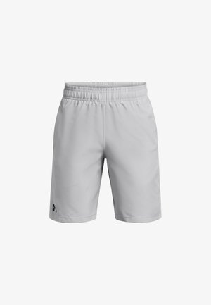 Hellgraue Shorts mit elastischem Bund und lockerem Schnitt. Verfügen über ein kleines schwarzes Logo auf der unteren linken Seite. Hergestellt aus glattem, leichtem Stoff.