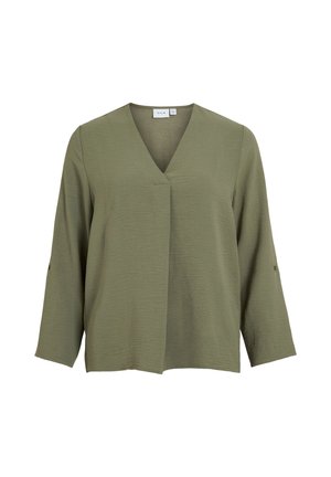 Olivijn groene blouse met een V-hals, lange mouwen en een losse pasvorm. Gemaakt van een gestructureerde stof en voorzien van een afgeronde zoom met zijsplitten.