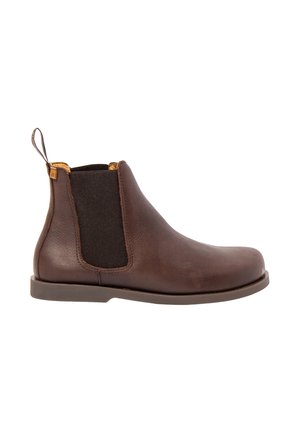 Dark brown leather Chelsea boot with black elastic side panel, flat sole, and pull tab at the back, shown from the outside.