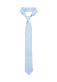 Jasnoniebieski krawat wykonany z tkaniny, ozdobiony teksturowanym wzorem w diamenty. Krawat ma wąski koniec z ostro zakończonym czubkiem i tradycyjny fason.