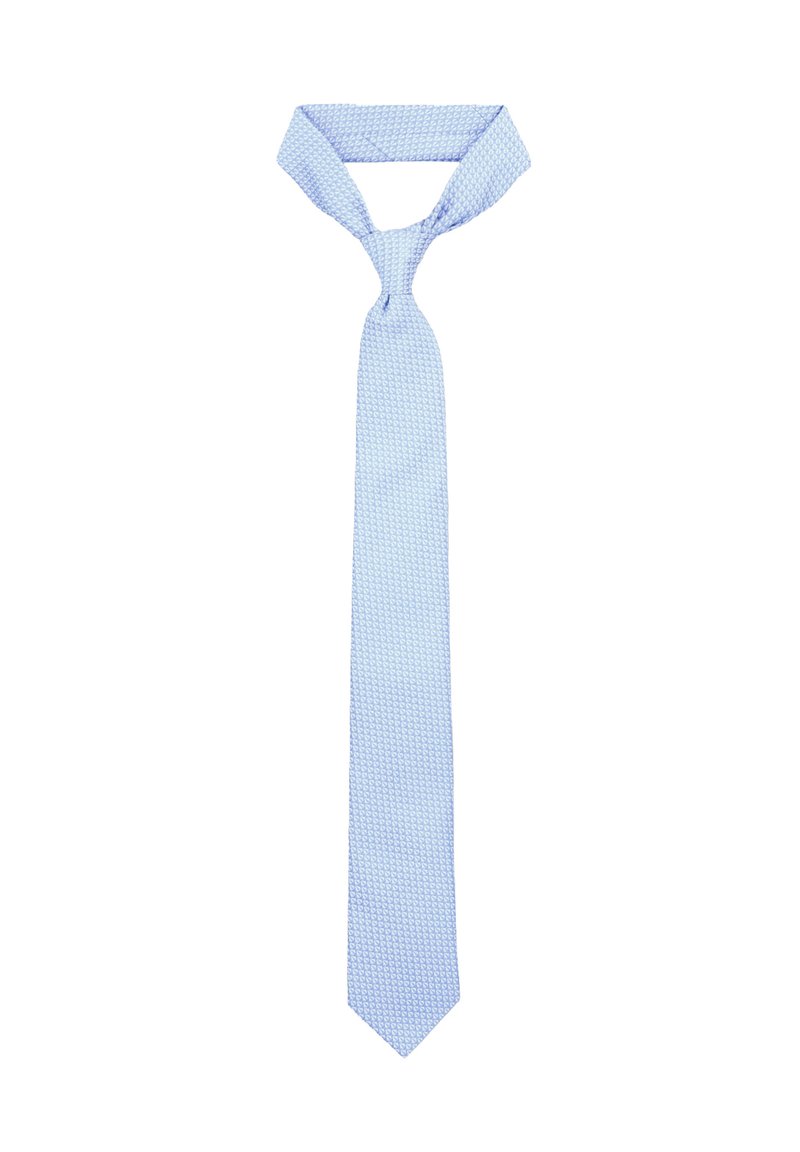 Jasnoniebieski krawat wykonany z tkaniny, ozdobiony teksturowanym wzorem w diamenty. Krawat ma wąski koniec z ostro zakończonym czubkiem i tradycyjny fason.