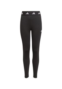 Leggings negros de tela elástica, con una cinturilla ancha que presenta un patrón de logotipos blancos repetidos y un pequeño logotipo en la cadera izquierda.