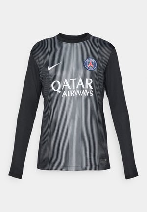 Maglia da calcio a maniche lunghe nera e grigia con strisce verticali, dotata di colletto rotondo, logo Nike e testo "QATAR AIRWAYS".