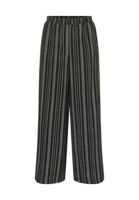 Pantalon noir à jambes larges avec des rayures verticales blanches et grises et une taille élastique.