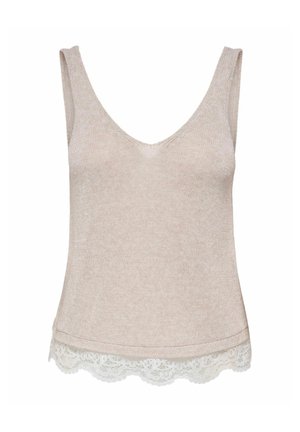 Haut beige en maille sans manches avec un col en V et une bordure en dentelle blanche à l'ourlet.
