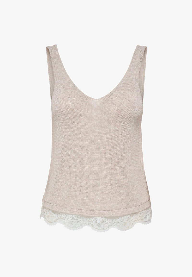 Haut beige en maille sans manches avec un col en V et une bordure en dentelle blanche à l'ourlet.
