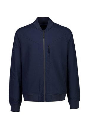 Laivasto sininen pommittaja takki, jossa on vetoketju edessä, ribbauskaulus ja hihansuut, kaksi etutaskua ja vetoketjullinen rintatasku. Sujuva kankaan pinta.