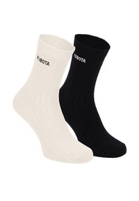Skarpetki z prążkowanego bawełnianego materiału w kolorze kremowym i czarnym, z logo "KUBOTA" nadrukowanym na biało. W długości kostki, z teksturowanym materiałem i bezszwowym krojem palców.