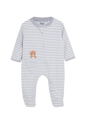 Vauvan raidallinen harmaa-valkoinen haalari pitkillä hihoilla, jossa on karhun aplikaatio taskussa ja nepparikiinnitys. Pehmeää jersey-materiaalia.