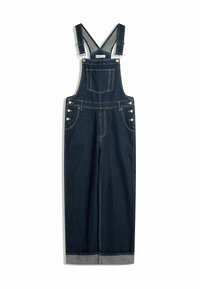 Denim overalls in dark blue, featuring adjustable straps, a front pocket, side buttons, and a wide-leg silhouette with cuffed hem.